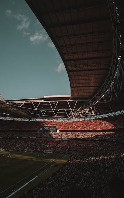 Interior view of Wembley Arena stadium featuring a well-maintained grass football pitch at the centre, surrounded by tiered red seating sections. The arena's curved roof structure and steel support be
